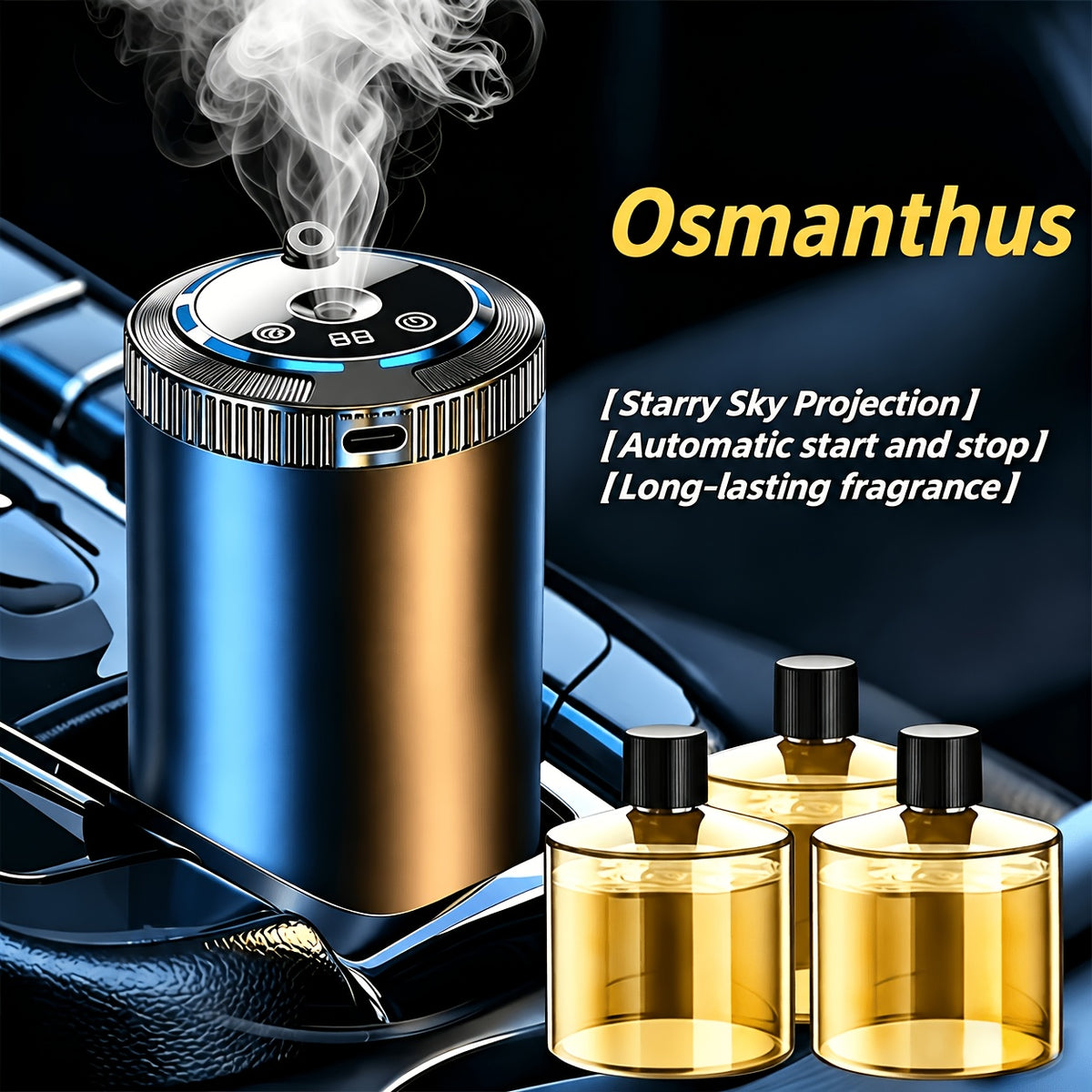 Rechargeable Car Air Freshener Set with Three Fragrance Bottles, Adjustable Smart Diffuser with Automatic Switch and Five Listed Scent Options