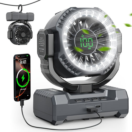 Display-Screen Camping Fan with Listed 24000mAh Rechargeable Battery, Five Speeds, USB Charging and Tent Hook for Campsite, BBQ and Home Power-Outage Airflow