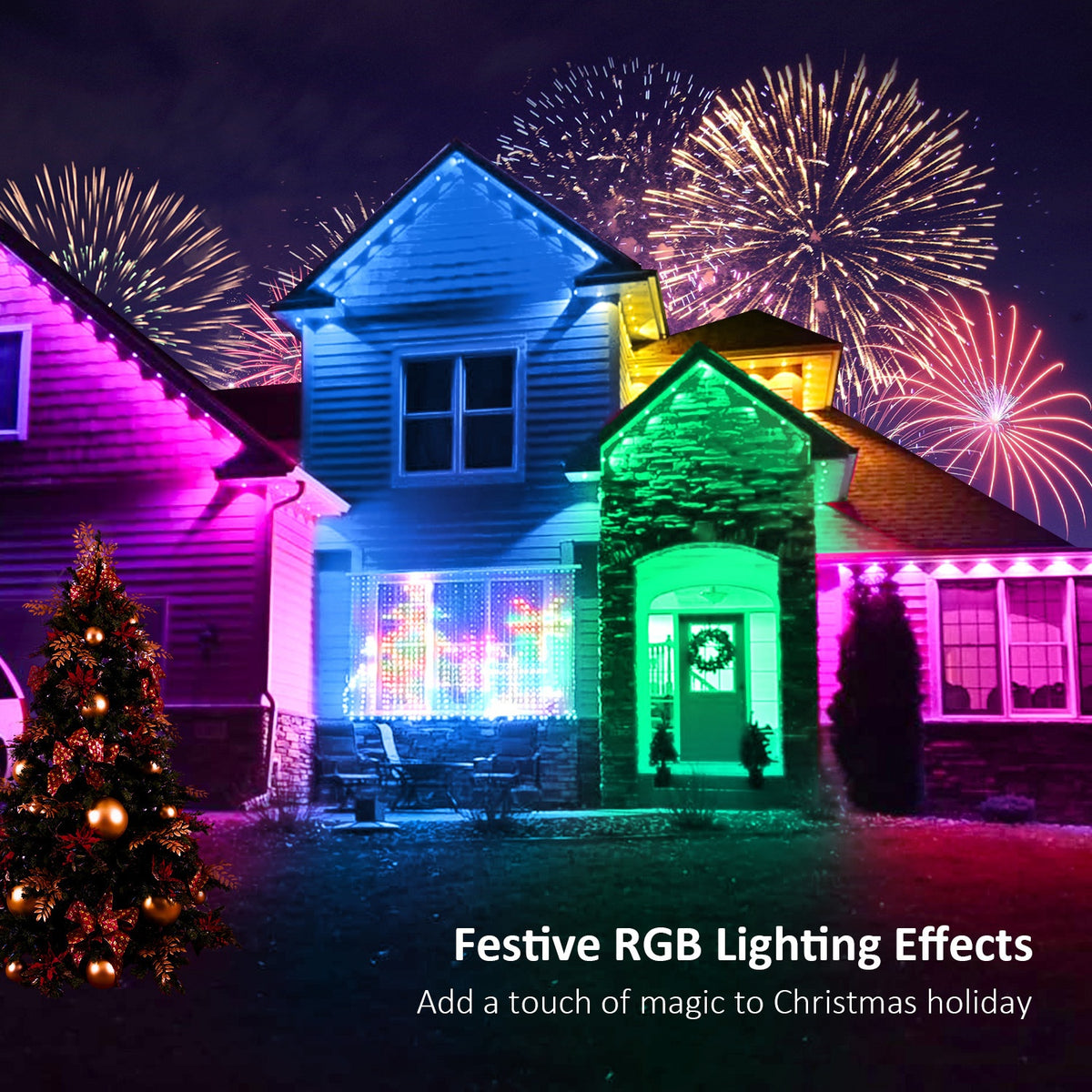 RGB Multicolor Eaves Lights with App and Remote Control, Music Sync, Timer and Dimming, 49ft, 100ft or 200ft for Outdoor Holiday House Decor