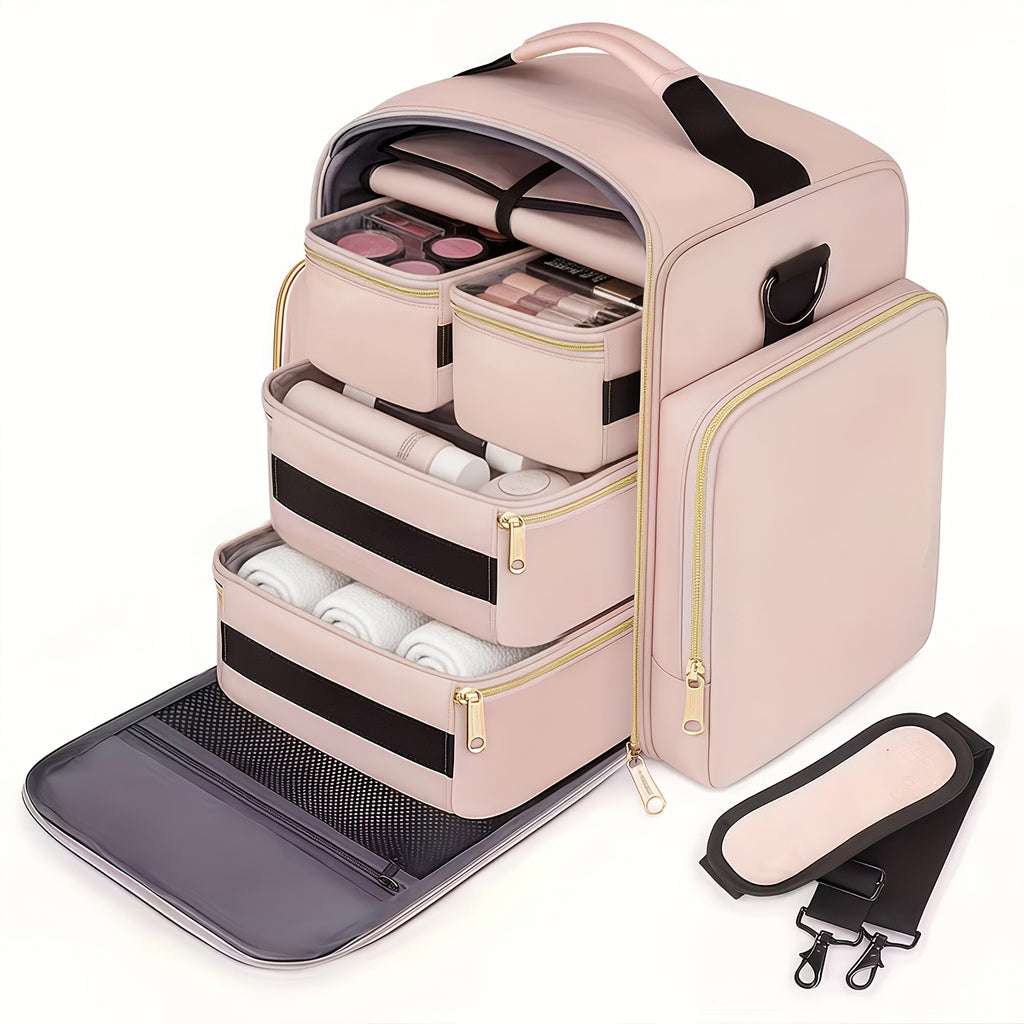 Removable-Pouch Makeup Organizer in Pink with Four Listed Inner Pouches and Jewelry Roll, Multifunction Cosmetic Travel Case for Beauty Essentials and Trip Packing