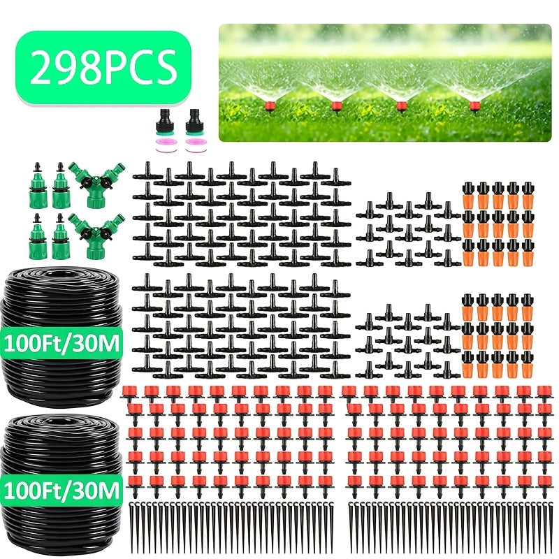 Drip Irrigation Kit with Adjustable Drippers and Spray Nozzle References, Flexible Vinyl Hose in 65ft and 100ft Options for Garden Beds and Patio Plants