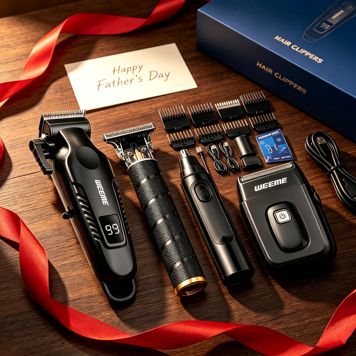 Four-Piece Men's Grooming Set in Black with Hair Clipper, Nose Trimmer, Electric Shaver and T9 Detailer, Listed USB Rechargeable Design and Eight Guide Combs