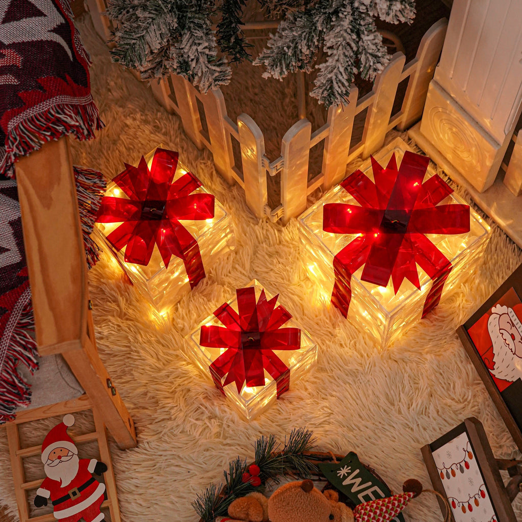 Lighted Christmas Present Boxes, Classic Set of 3 Warm White Decorative Gift Boxes with 60 Listed LEDs, Red Bows, USB or Battery Power and Daily Timer