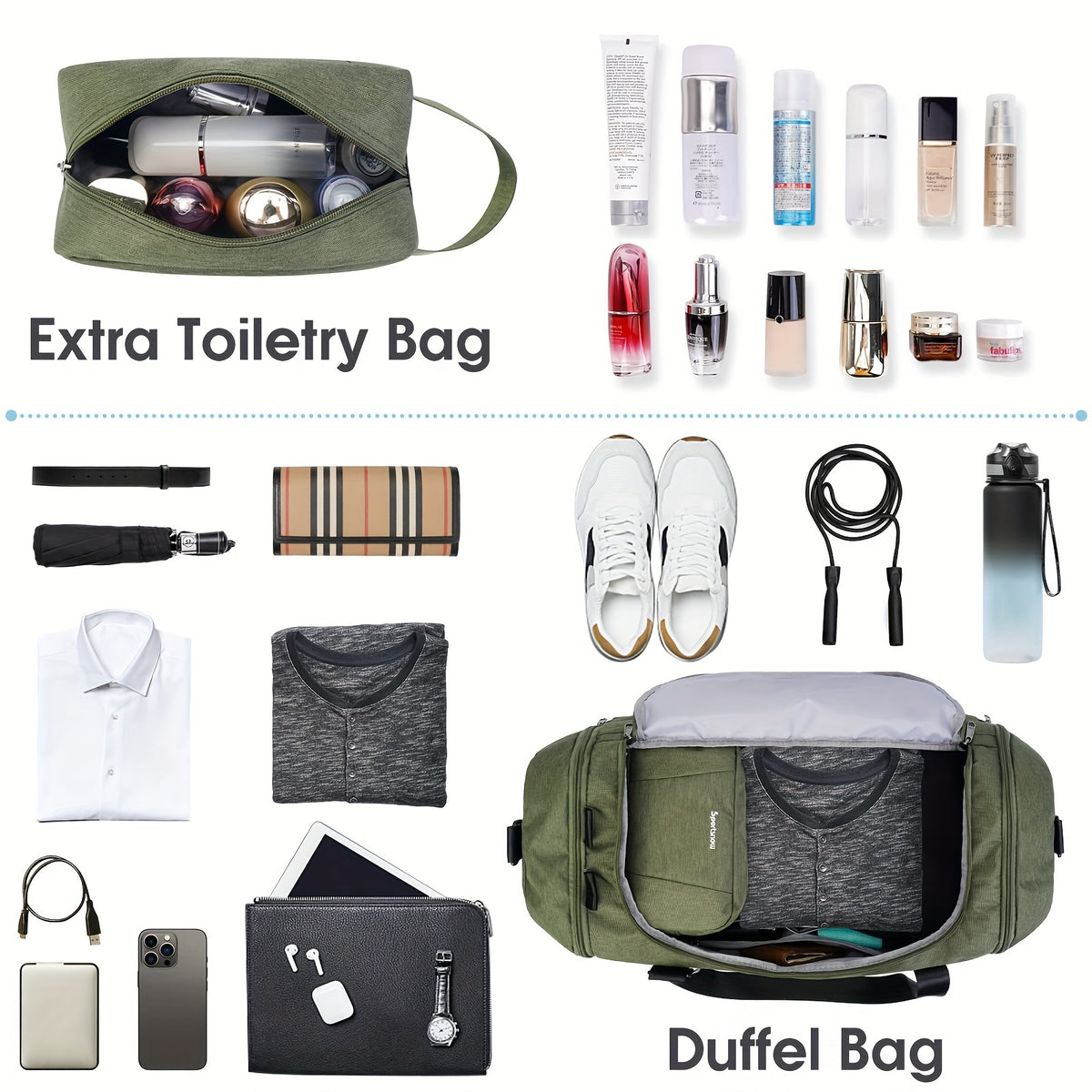 Travel Duffel Bag with Shoe Compartment and Wet Pocket, Adjustable Shoulder Strap and Bottle Holders for Men and Women, Gym and Weekend Trip Carry