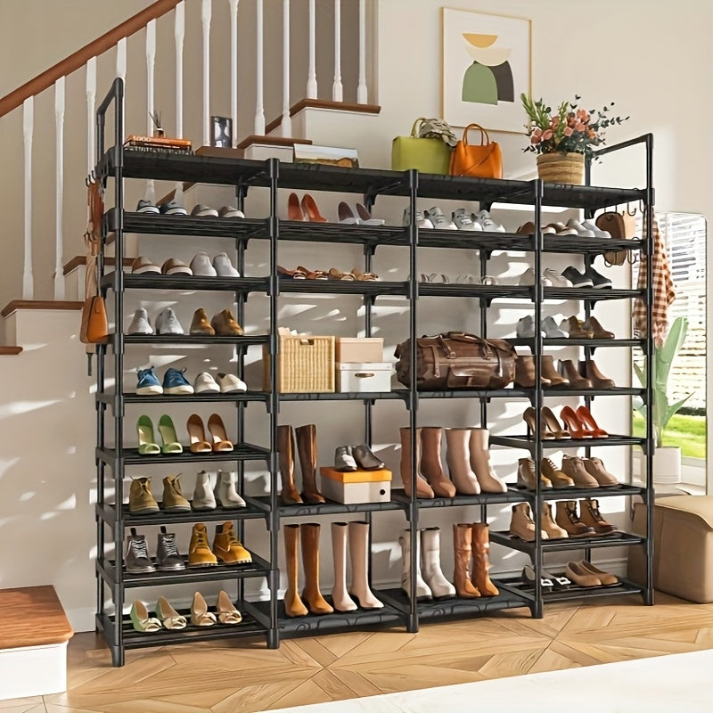 Four-Column Shoe Rack in Black with Six- or Nine-Tier Model Options, Listed Metal Construction and Customizable Layout for Entryway, Bedroom and Closet Footwear Storage