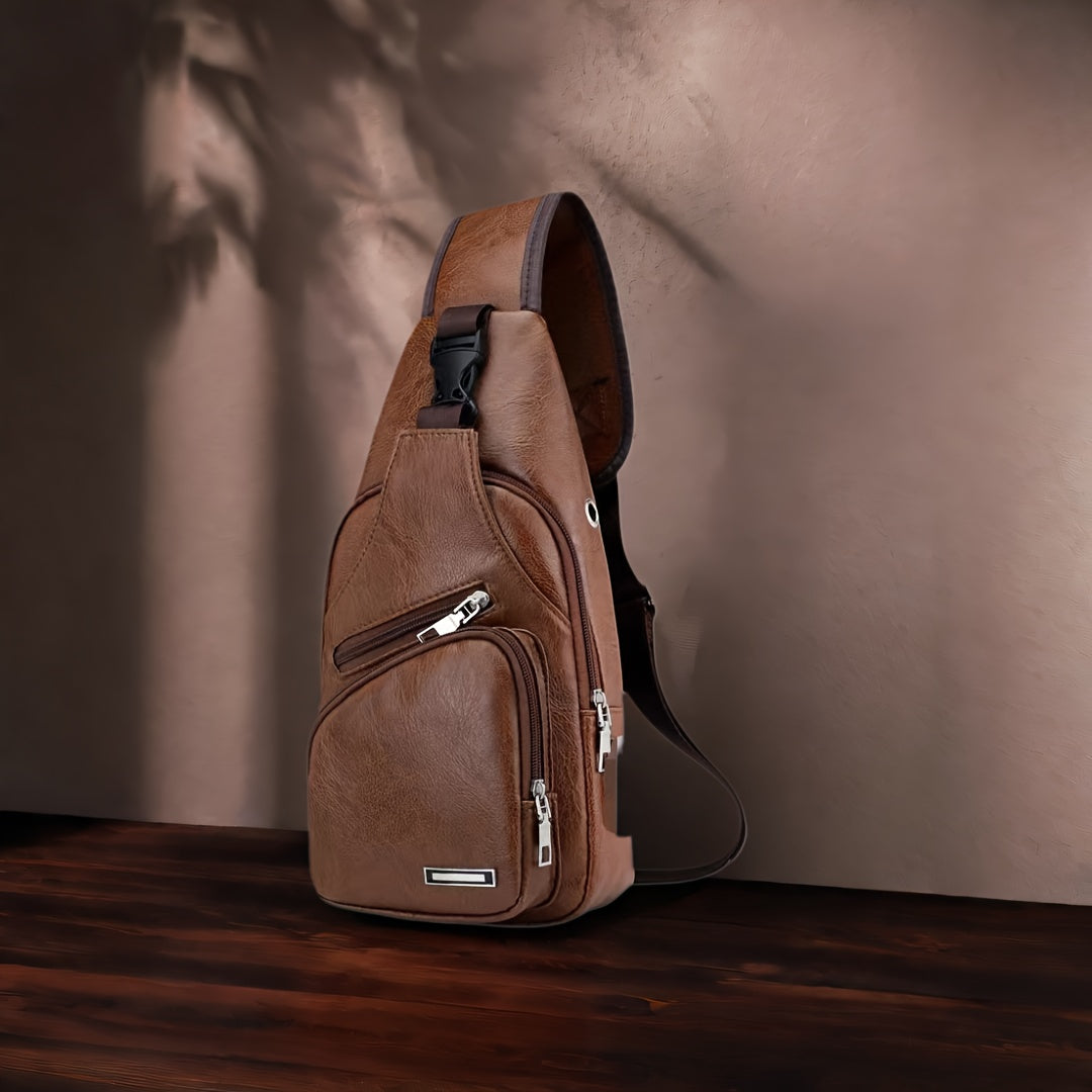 Faux Leather Sling Chest Bag with USB Port for Men and Women, Mini Single-Strap Crossbody Carry Bag in Black or Light Brown for Daily Outings and Travel