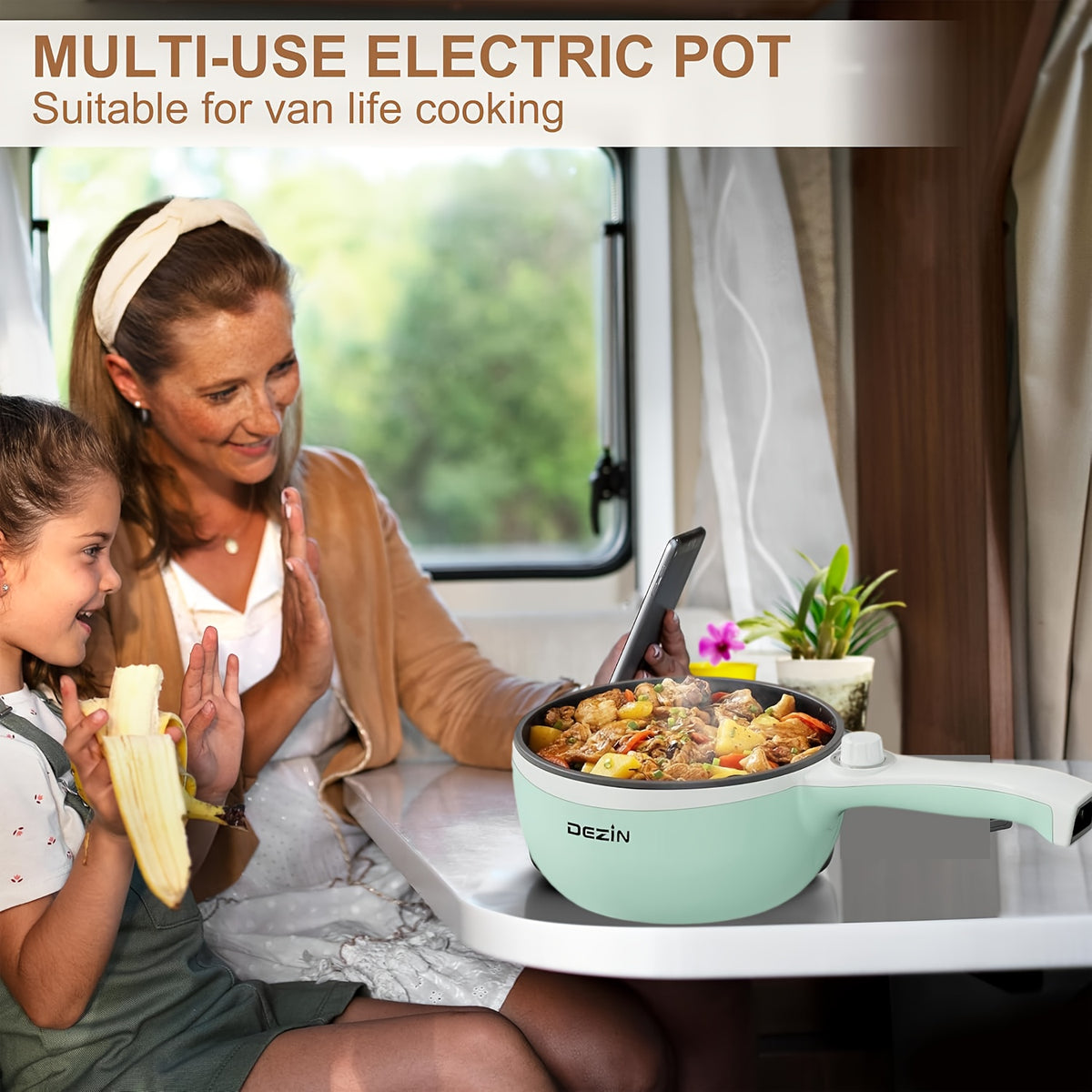 Electric Hot Pot with Steamer and Listed 57.48oz Capacity, Portable Nonstick Mini Skillet with Adjustable Power in Beige or Green for Noodles and Kitchen Meals