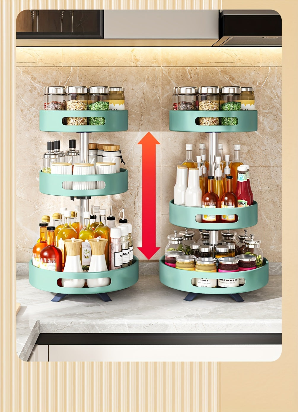 Rotating Spice Rack with Double-Layer Storage, Large Green, Silvery, White or Black Option Labels for Kitchen Countertop Seasoning and Corner Organization