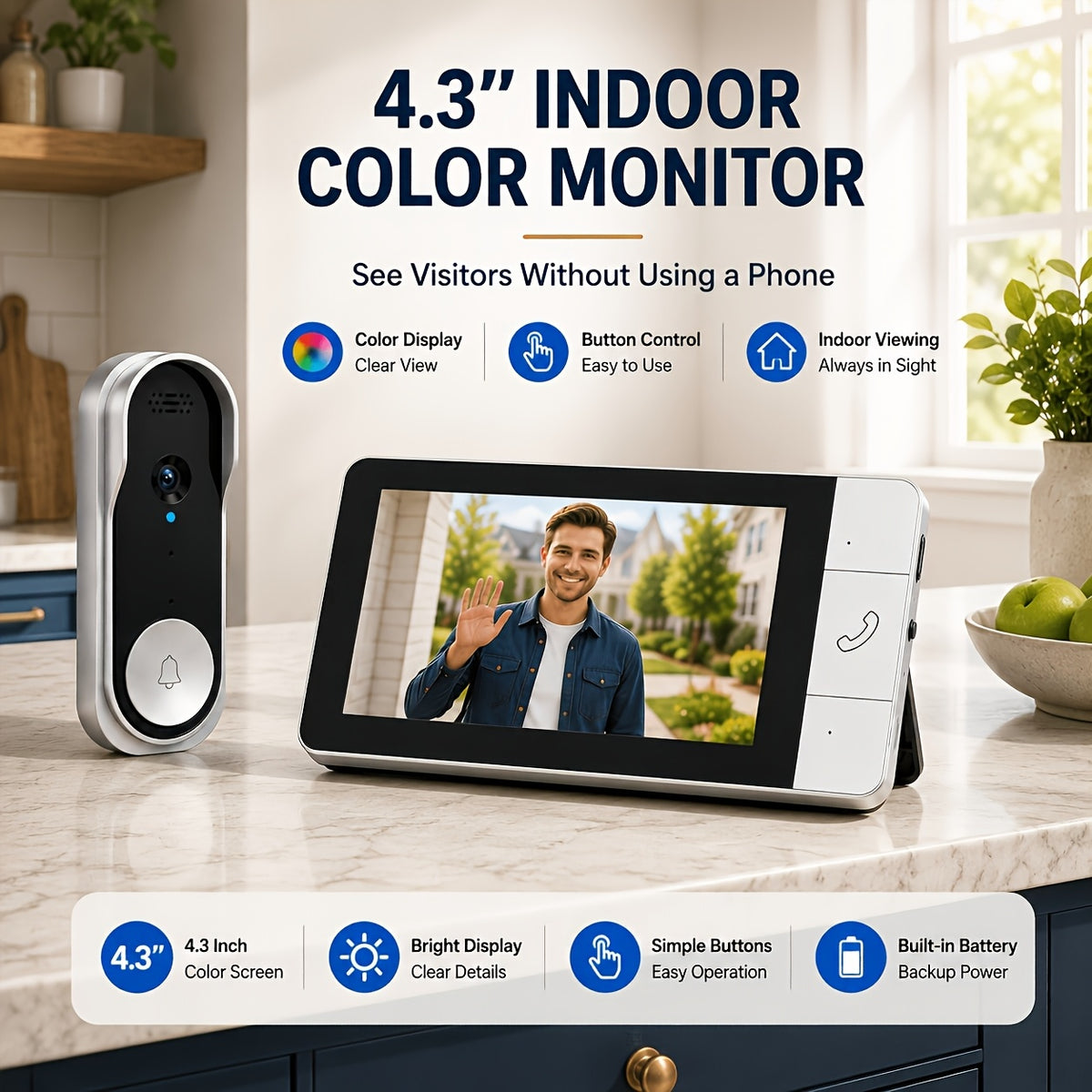1080P Upgraded Wireless Video Doorbell, No Wi-Fi Required, 4.3" Display, 2.4G Wireless Signal, Full Body View, No Monthly Fees, Two-Way Talk, Indoor Chime, Rechargeable Battery, Motion Detection, Auto Capture, Free Cloud And TF Card Storage