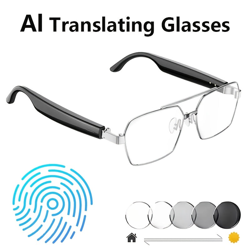 AI Translation Audio Glasses with Listed 130+ Language Support, Built-In Microphone and Speaker, Voice Calling and Color-Changing Lens Wording in Three Frame Styles
