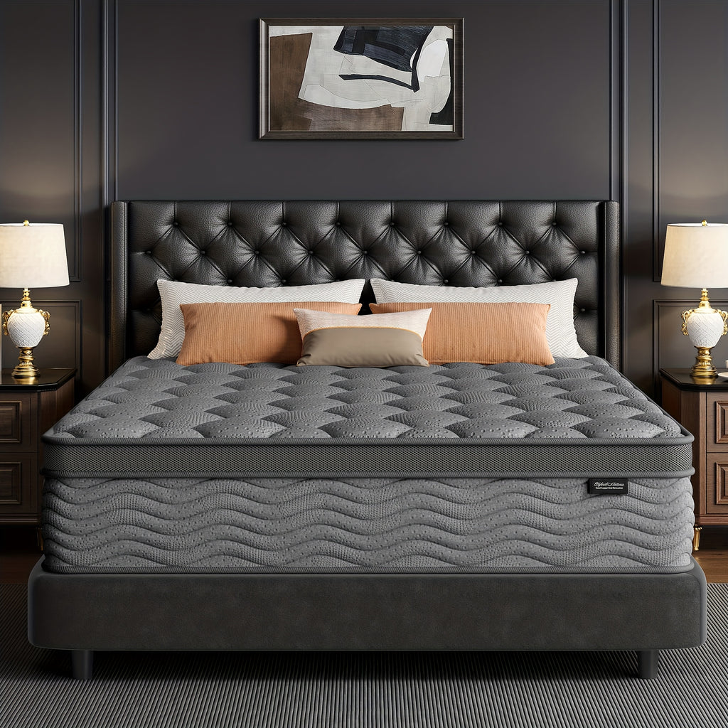 Grey Quilted Hybrid Mattress with Listed Medium Firm Feel and Pocket Springs, 8, 10 or 12 Inch Model Options in Twin, Full, Queen and King Labels for Bedrooms