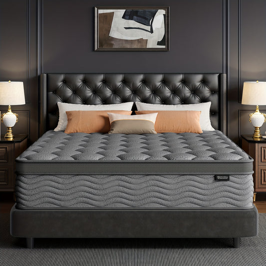 Grey Quilted Hybrid Mattress with Listed Medium Firm Feel and Pocket Springs, 8, 10 or 12 Inch Model Options in Twin, Full, Queen and King Labels for Bedrooms
