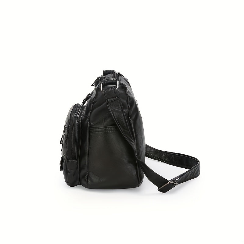 Multi-Pocket Vintage Crossbody Bag with Heart Decoration and Adjustable Shoulder Strap, Four Color Options in Grey, Black, Red or Brown for Casual Everyday Outfits