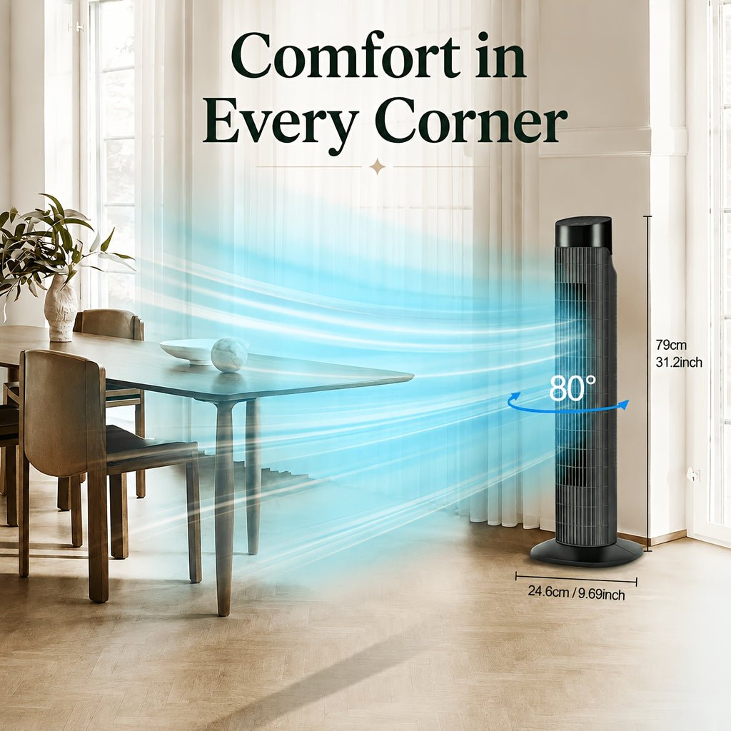 31-Inch Oscillating Tower Fan with Listed Remote Control, Three Speeds and 7.5-Hour Timer, White Option Labels for Bedroom, Living Room and Office Airflow