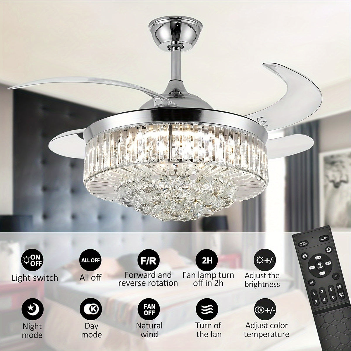 Crystal Style Ceiling Fan Light in Silvery with Three Light Tones, Remote Light Control, Six Fan Speeds and Reversible Airflow for Bedroom and Dining Room Decor