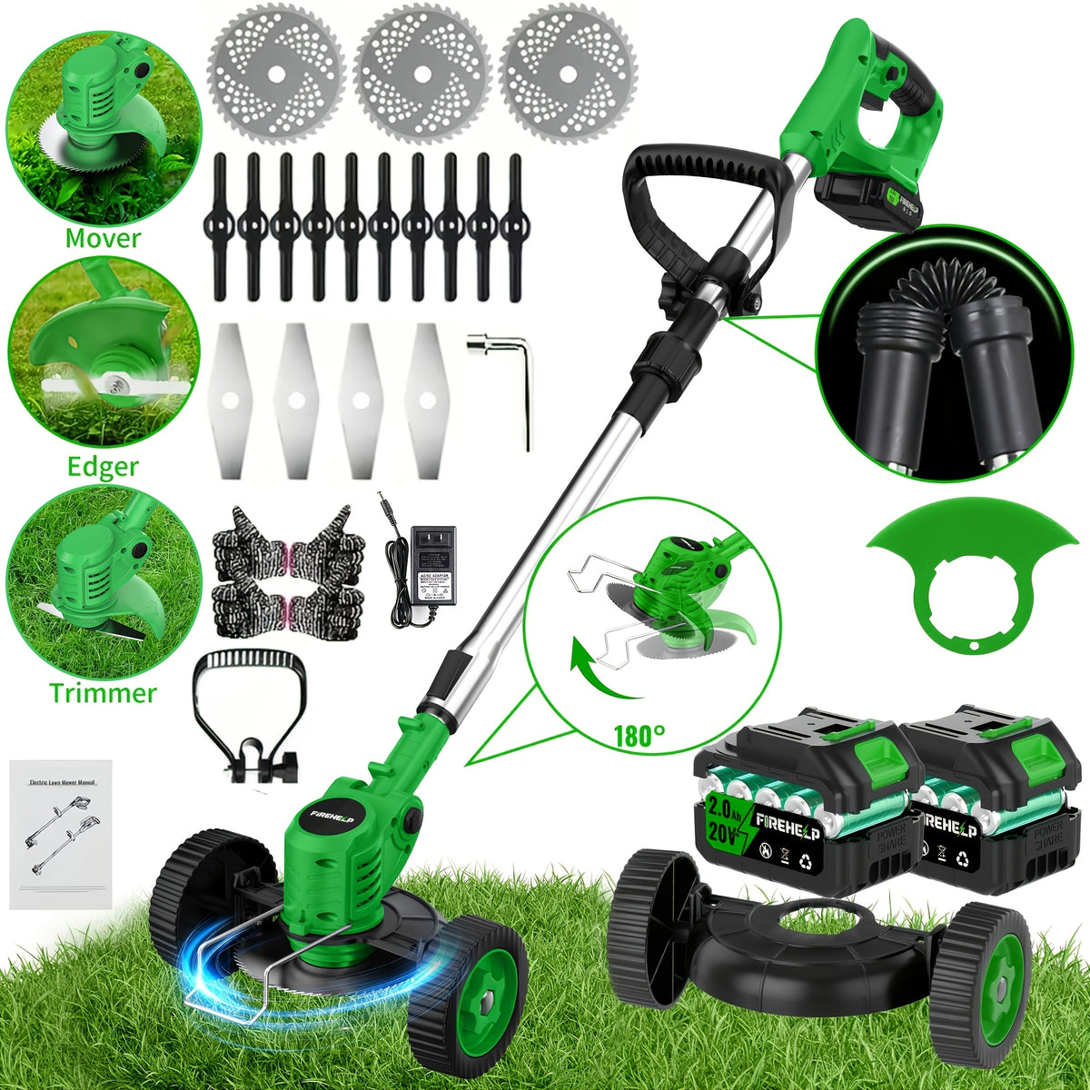 Rechargeable Garden Grass Trimmer with Cordless Electric Operation, Listed Three Blade Types and Selected Dual 2Ah Battery Packages for Home Lawn and Yard Care