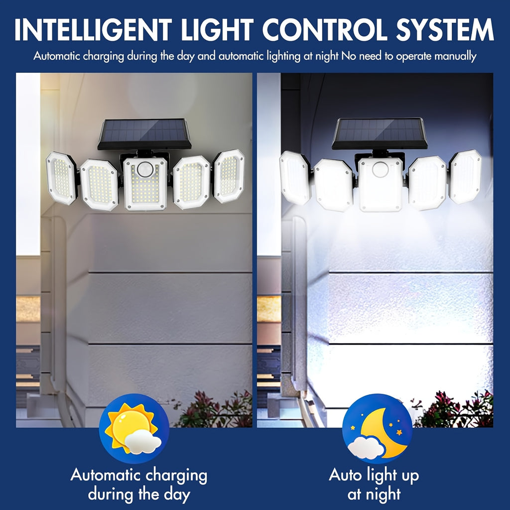 Five-Head Solar Motion Sensor Light with Listed 300 LEDs, 6500K Color Temperature, Remote Control and IP65 Rating, Single-Piece Outdoor Floodlight for Yard and Garage