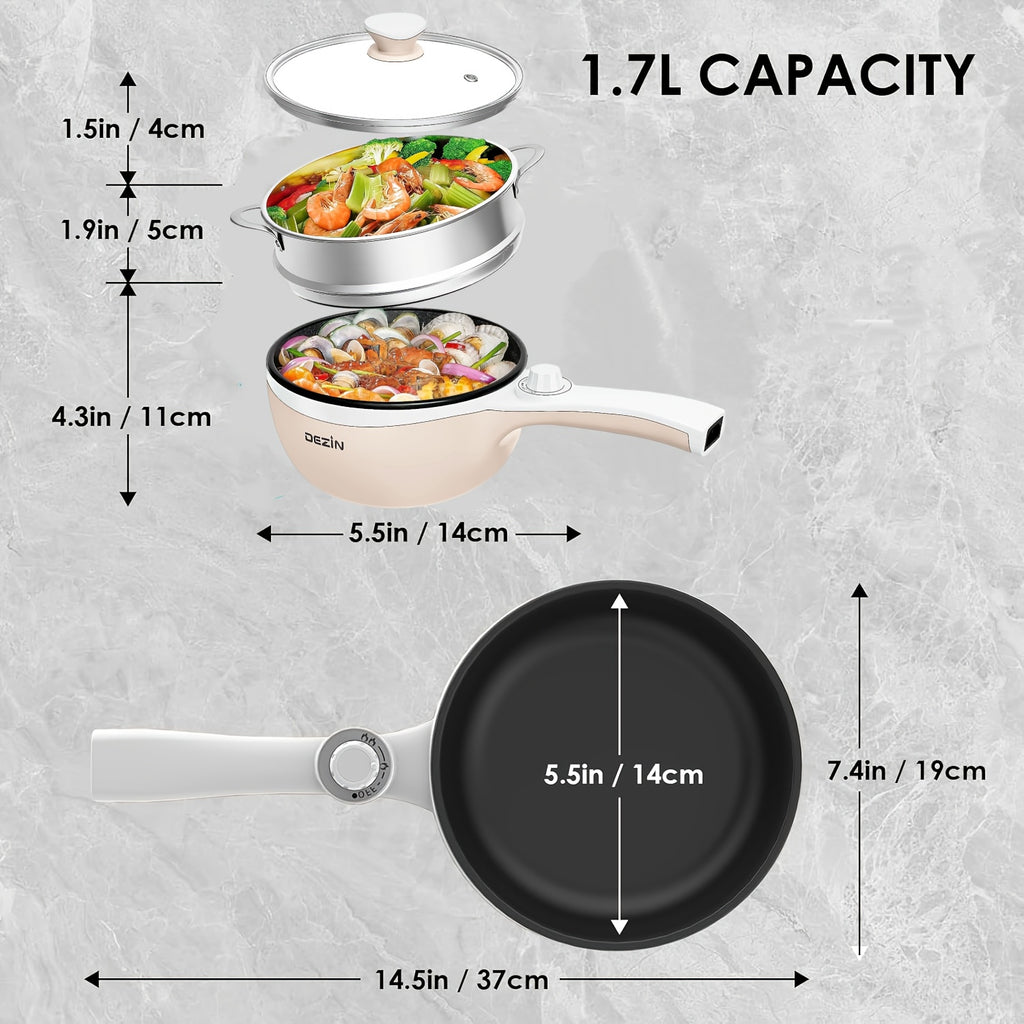 Electric Hot Pot with Steamer and Listed 57.48oz Capacity, Portable Nonstick Mini Skillet with Adjustable Power in Beige or Green for Noodles and Kitchen Meals