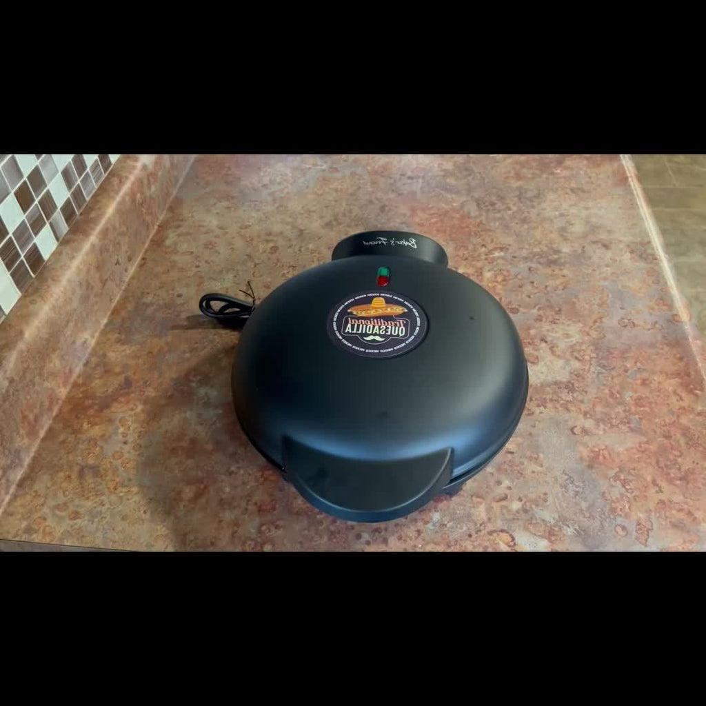 Electric Quesadilla Maker with Listed 9.5-Inch Size, Six-Wedge Design, Extra-Filling Wording and Non-Slip Feet for Home Grilled Cheese Meals in Red or Graphite