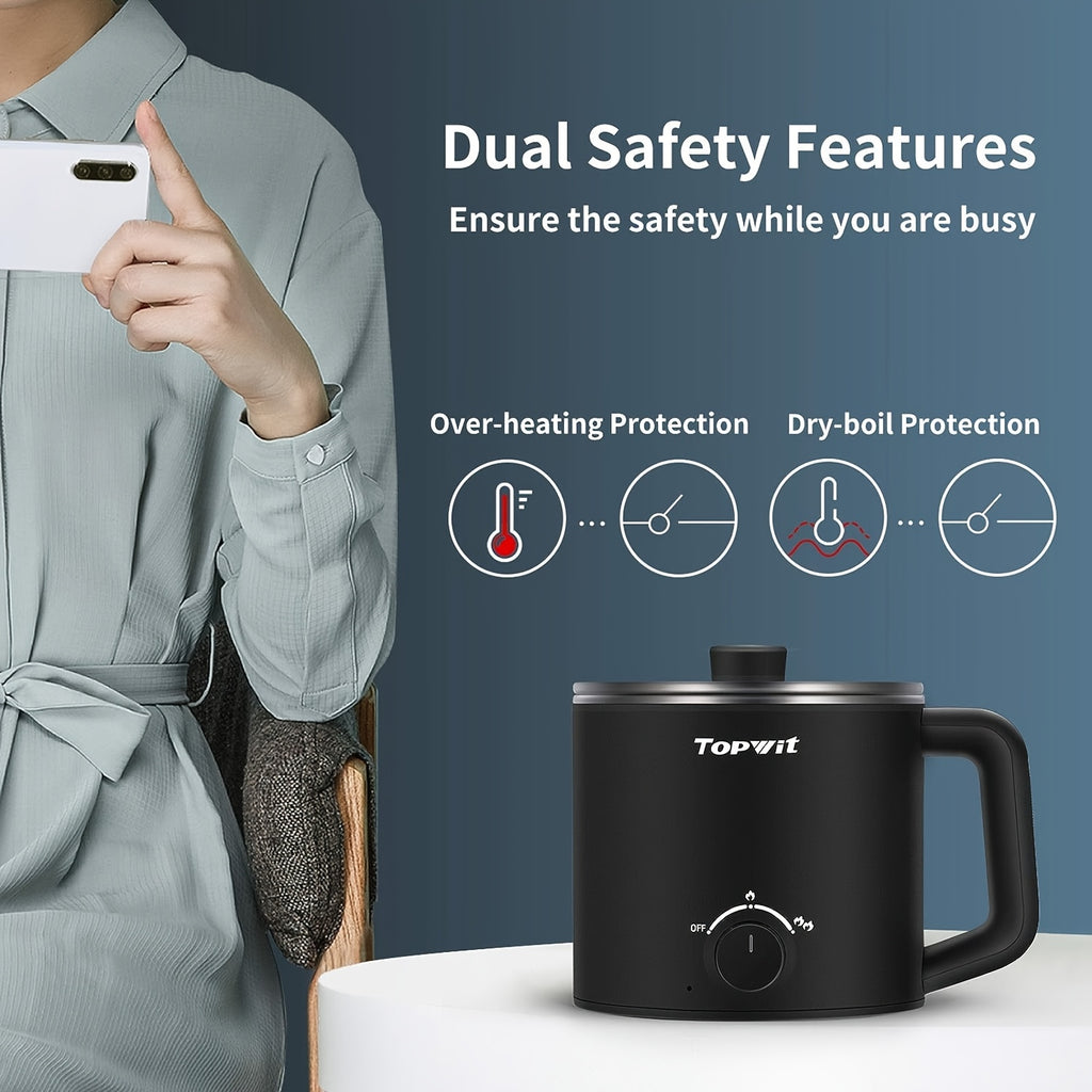 Dual-Power Electric Hot Pot with Listed 50.72oz Capacity and Portable Nonstick Design, Black or Blue Noodle Cooker for Pasta, Soup, Eggs and Oatmeal Preparation