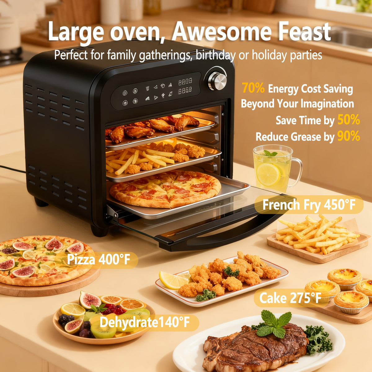 Air Fryer Toaster Oven Combo, Extra Large Capacity Convection Oven with 360° Hot Air Circulation, LED Digital Display and Precise Temperature Control, Stainless Steel, 16QT