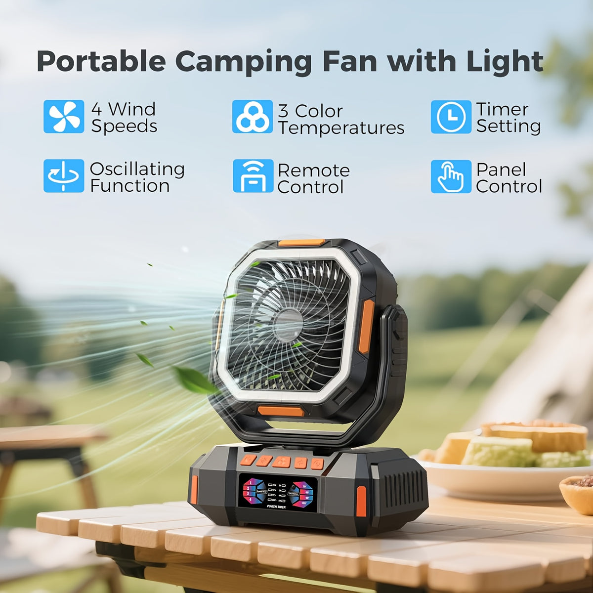 Portable Camping Fan with Listed 40000mAh Capacity, LED Light, Hanging Hook, Remote Control, Timer and Auto Oscillation in Green, Orange or Black