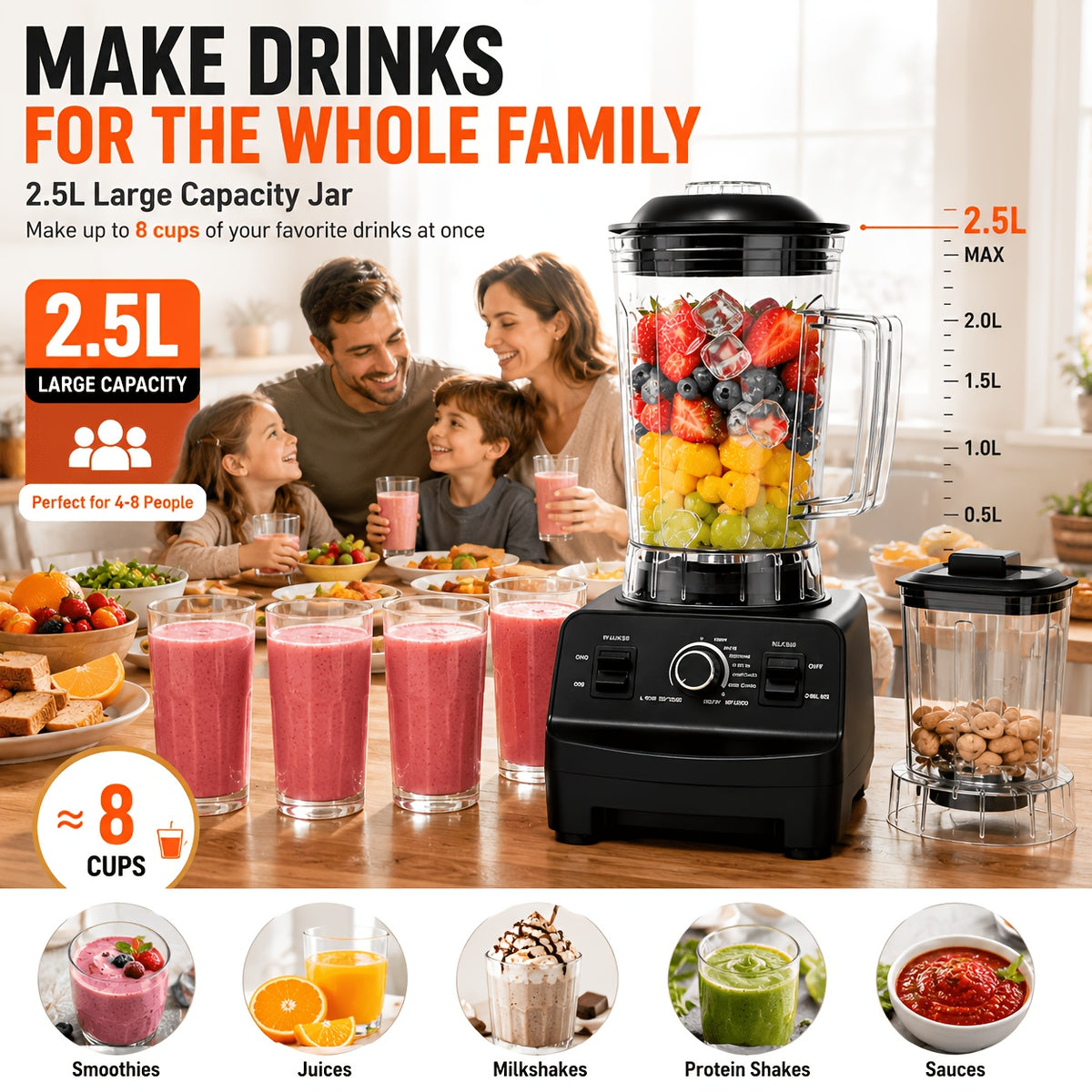 Large Capacity Smoothie Blender 84.54oz, Black Countertop Kitchen Mixer for Smoothies, Milkshakes, Protein Shakes and Compatible Frozen Fruit Drink Recipes