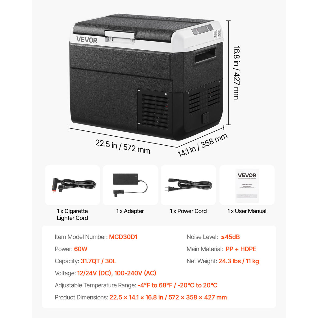 12V Car Refrigerator Freezer by VEVOR, 25L, 30L, 40L or 50L Portable Compressor Cooler with AC/DC Power and Battery Protection for RV Camping and Road Trips