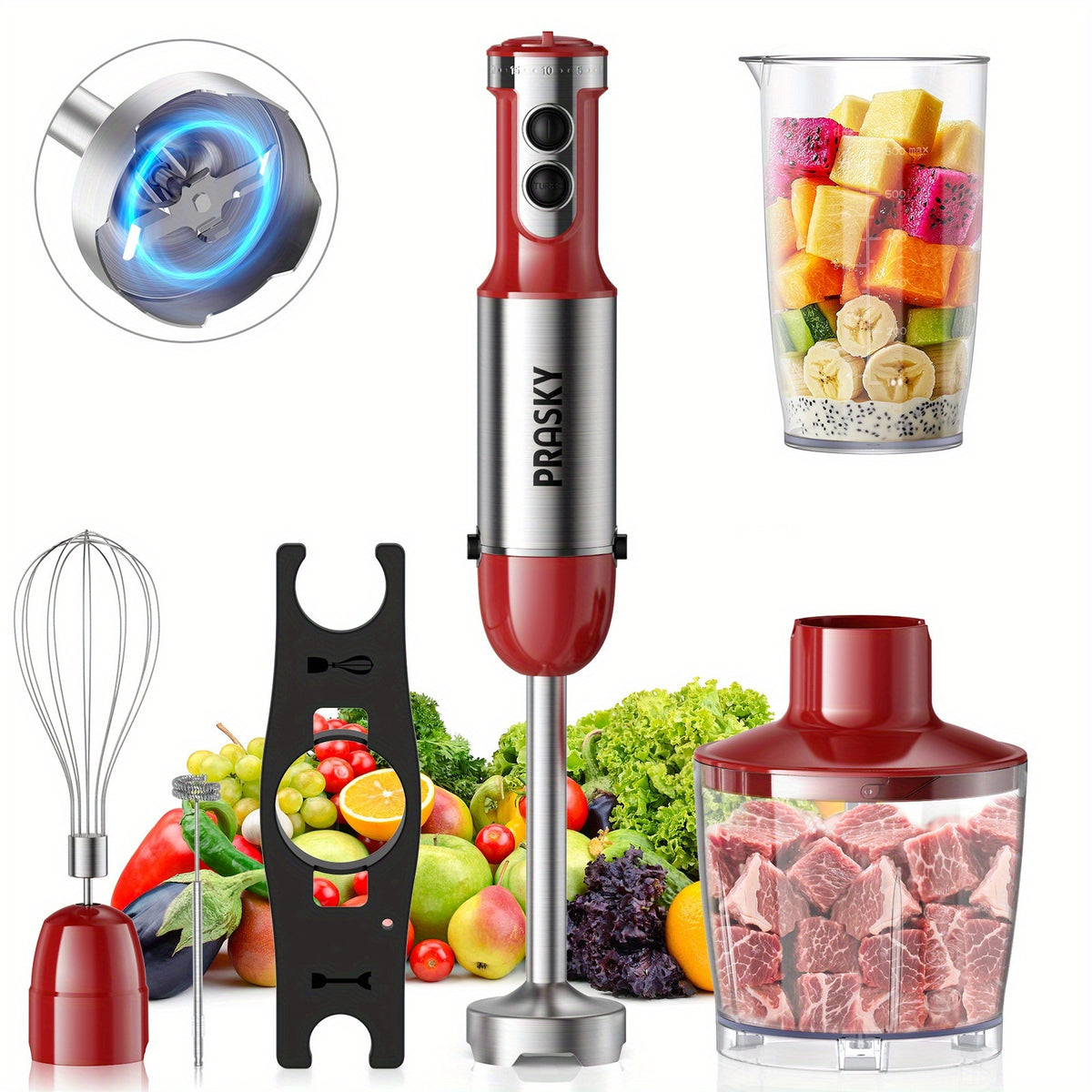 Immersion Blender Set with 5-in-1 Handheld Design, Whisk, Measuring Cups and Meat Chopper Attachments for Everyday Kitchen Prep in Red or Black