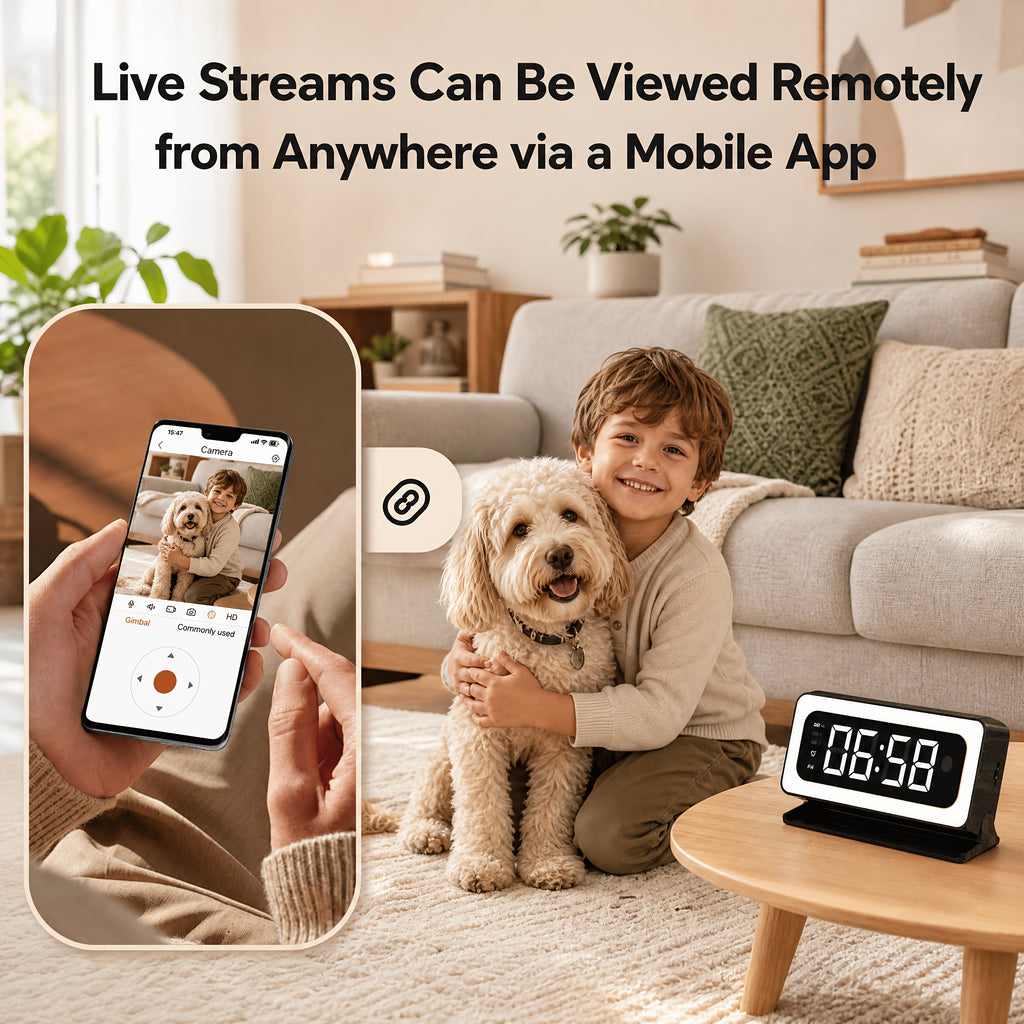 Wood-Grain Indoor Security Clock Camera with Listed 2K Video, Dual-Band WiFi, Color Night Vision, Motion Alerts, Rechargeable Battery and Optional microSD Storage