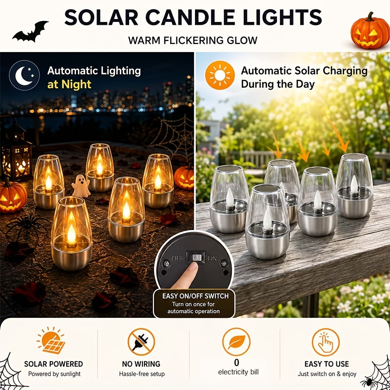 Solar Flameless LED Candles, Six-Piece Outdoor Decorative Light Set with Flickering Candlelight and Listed IP44 Rating for Patio Dinners, Weddings and Holiday Displays