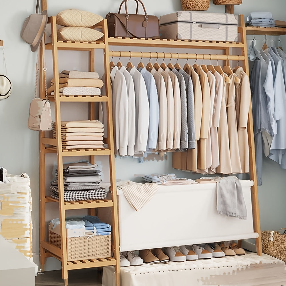 Bamboo Garment Rack with Adjustable Shelves, Five Side Storage Racks and Hat Hooks for Bedroom Organization, Brown or Nature with Four Size and Bag Option Labels