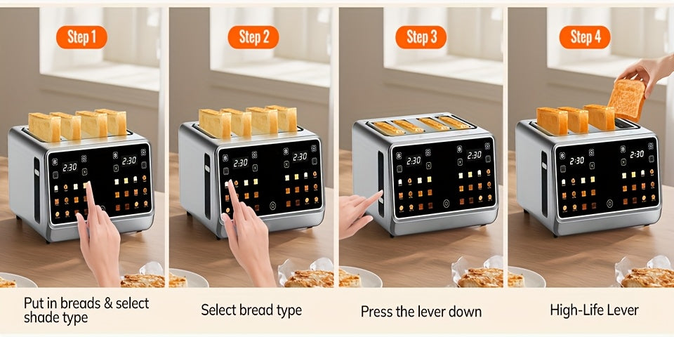 Four-Slice Digital Toaster with Listed Touchscreen, Dual Control Panels, Timer and Single-Slot Toasting, Stainless Steel Option for Bread, Bagels and Waffles