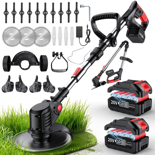 Adjustable Cordless Grass Trimmer with Rotating Head, Listed Three Blades and Two Batteries, Standard Red or Upgraded Color Options for Home Lawn and Garden Maintenance