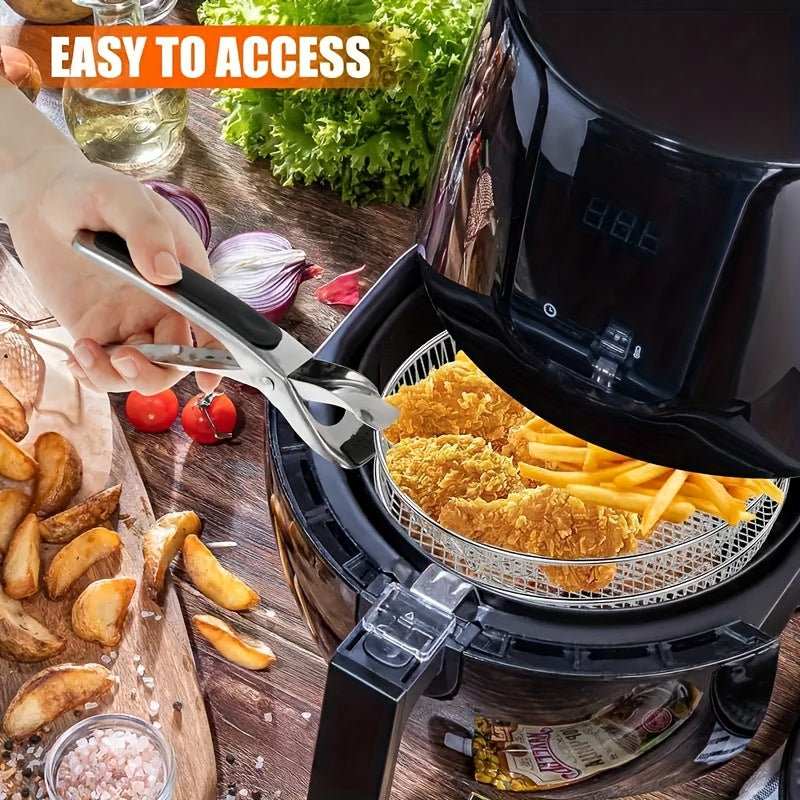 Air Fryer Dehydrating Rack Set in Silvery with Listed Eight Pieces, Stainless Steel Round Stackable Design, Raised Legs and Clips for Compatible Basket Cooking
