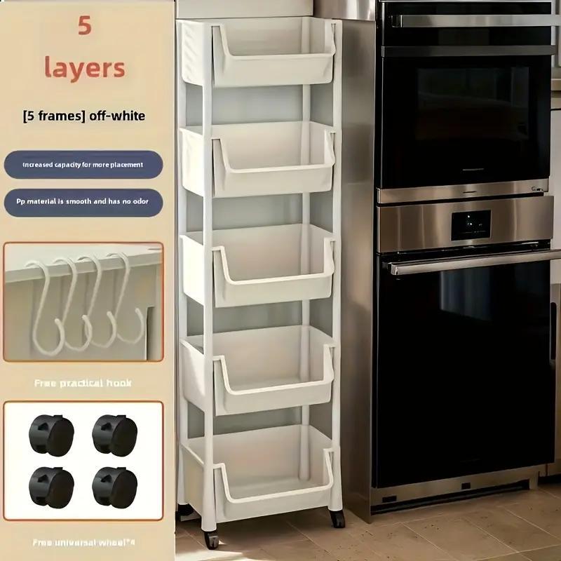 5-Tier Plastic Storage Rack with Open Shelves and Hooks, One Floor-Standing Organizer for Kitchen, Entryway, Shoes and Everyday Home Storage