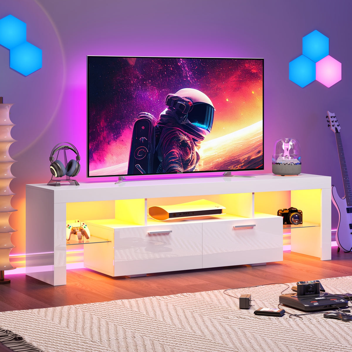 White LED TV Stand with Cabinet Storage and Glass Shelves, Modern Media Console for Living Room and Game Room in 130, 167 or 180 cm Model Options