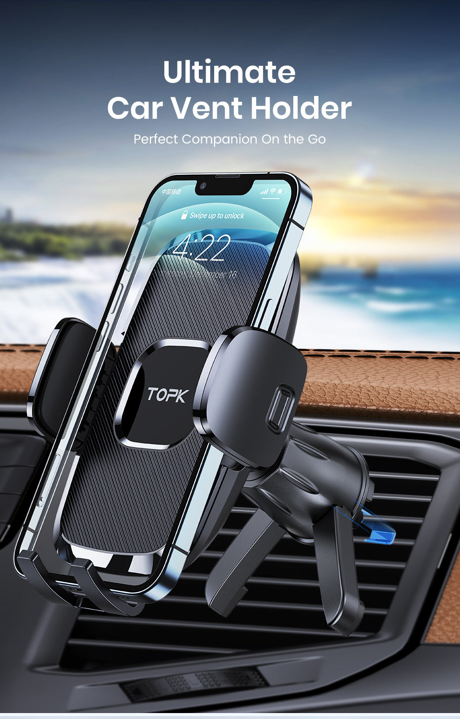 TOPK Car Air Vent Phone Mount with Adjustable Clamp Cradle, Black ABS Smartphone Holder for Compatible Vehicle Vents and Navigation Screen Positioning