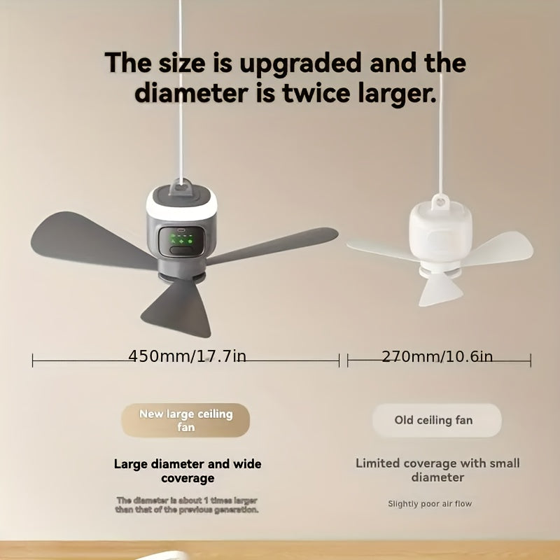 Grey Camping Ceiling Fan with Four Speeds, Lighting and Remote Control, Listed 12000mAh Battery, 8-Hour Timer and Up to 30-Hour Runtime for Campsite Airflow
