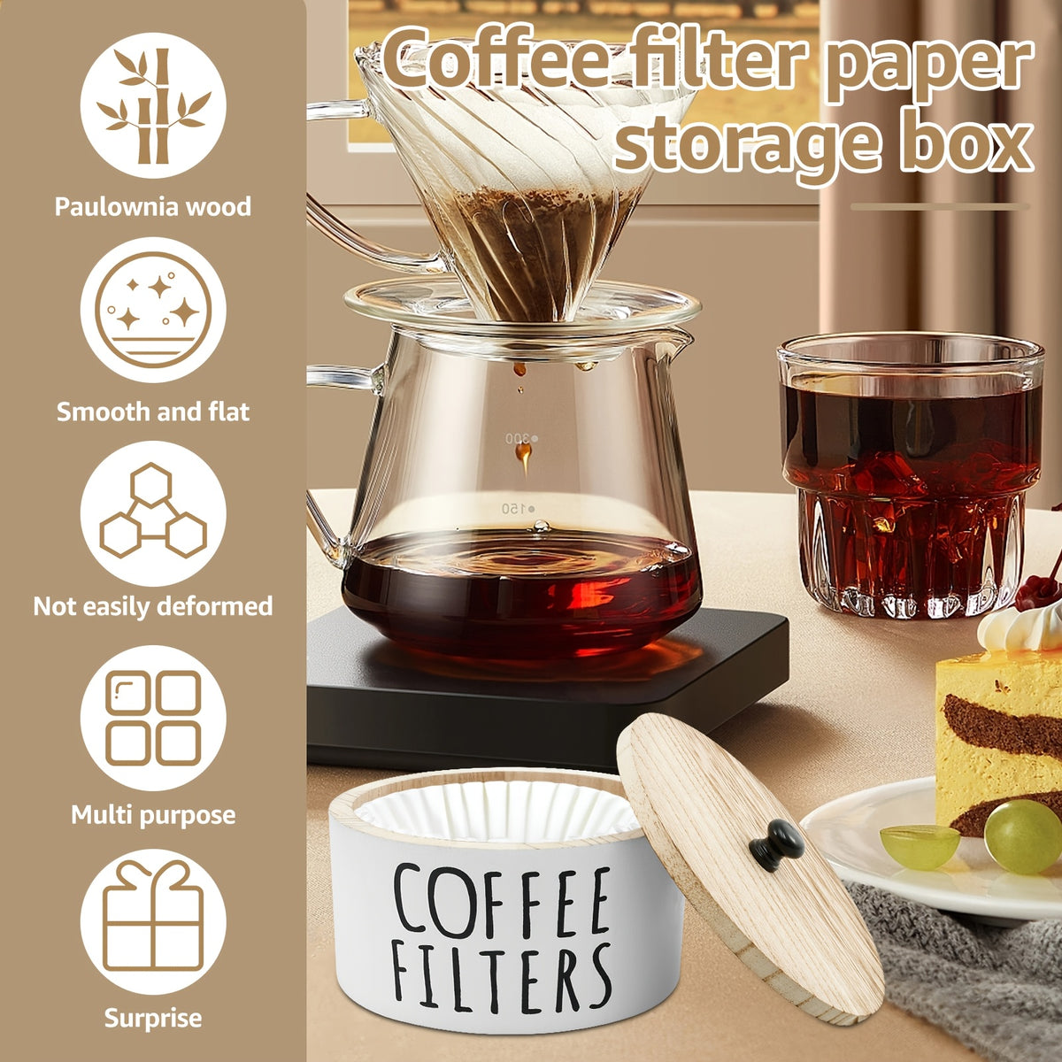 Coffee Filter Holder with 50 Filters for Coffee Bar Organization, White Wooden Round Countertop Storage Container, 16cm Diameter and 9cm Height