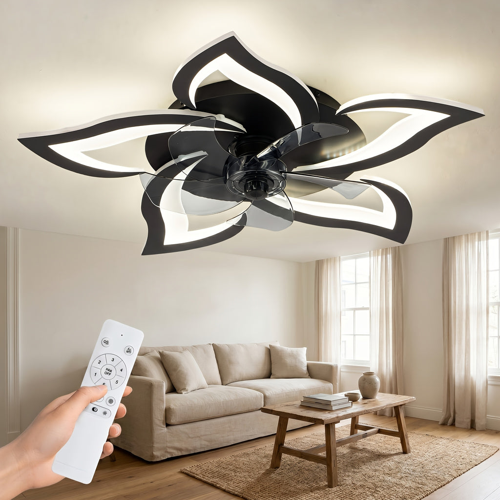Petal Shape Ceiling Fan with LED Light and Remote, Listed 30-Inch Low-Profile Flush Mount, Six Speeds and Three Light Colors, Black Round or Pointed Leaf Options