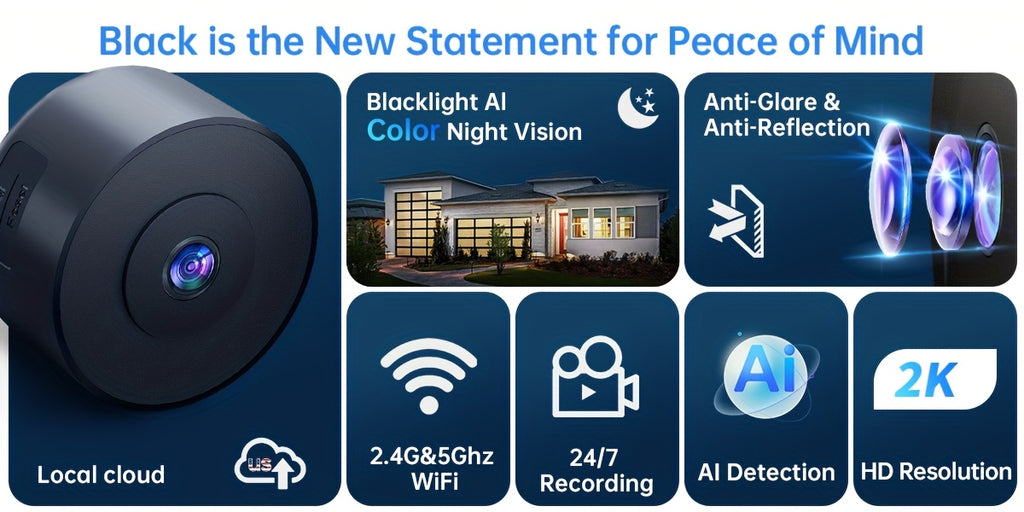 Dual-Band WiFi Window Camera by WESECUU with 2K Imaging, Color Night Vision, Person and Motion Alerts, Two-Way Audio and Premium Black Stand Option