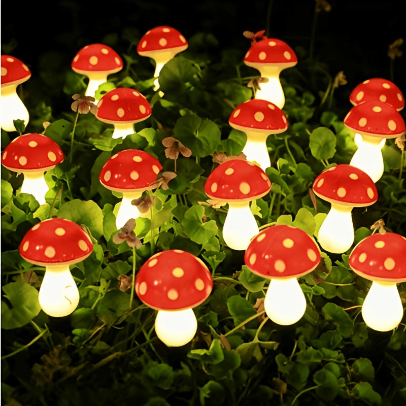 Solar Mushroom Garden Lights, 12-Piece Red Spotted Stake Light Set with Warm White LEDs for Decorative Lawn Borders, Yard Pathways, Patios and Landscape Displays