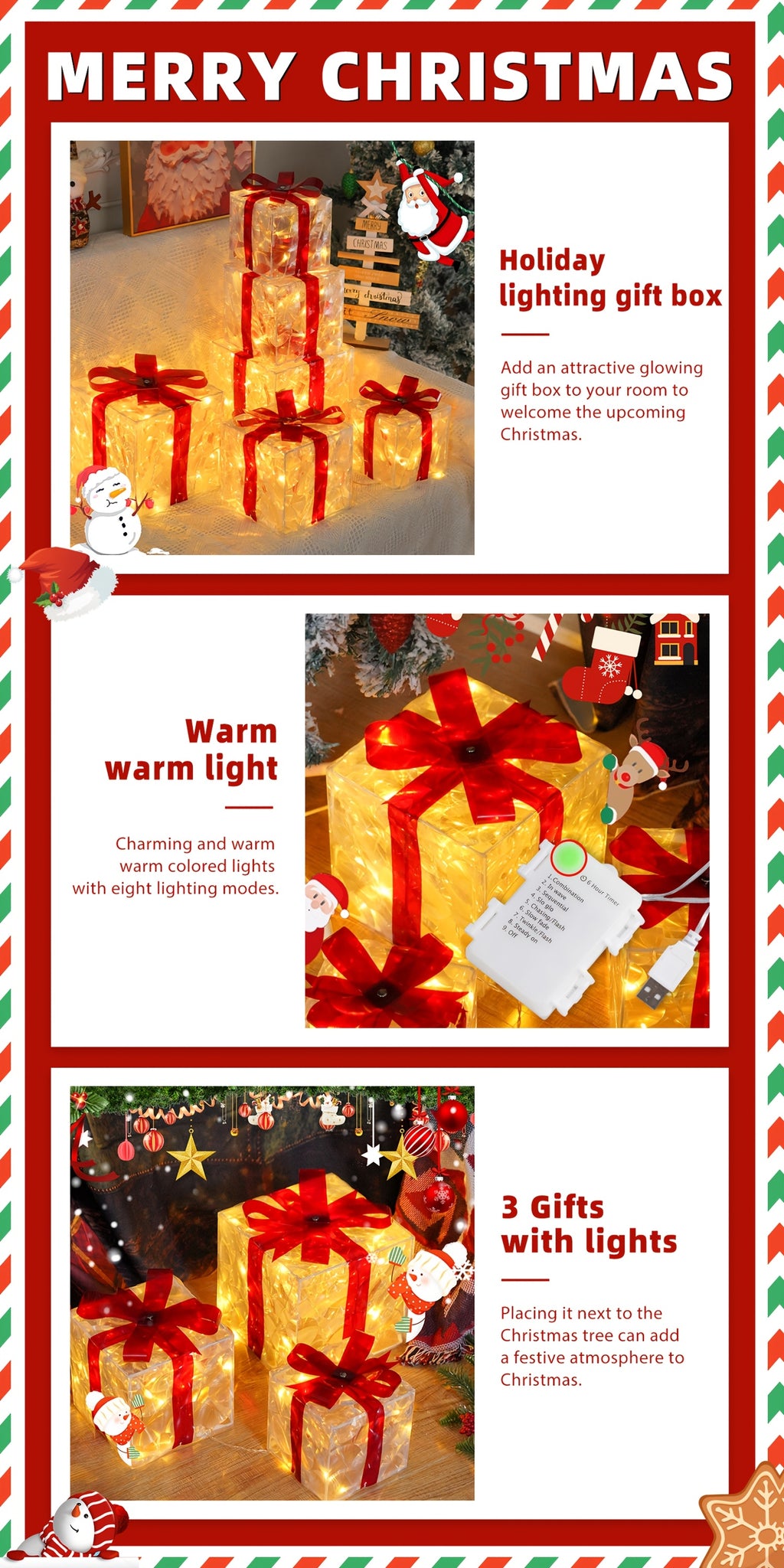 Lighted Christmas Present Boxes, Classic Set of 3 Warm White Decorative Gift Boxes with 60 Listed LEDs, Red Bows, USB or Battery Power and Daily Timer