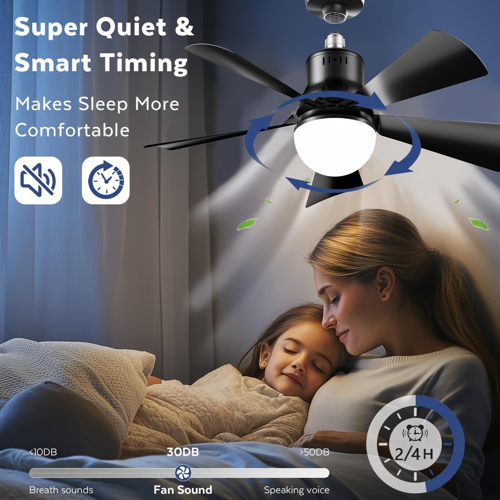 Black Screw-In Socket Fan Light, 20.5-Inch Ceiling Fan with Remote and Dimmable LED, Listed 2000 Lumens and Three 3000K–6500K Light Tones for Home Rooms