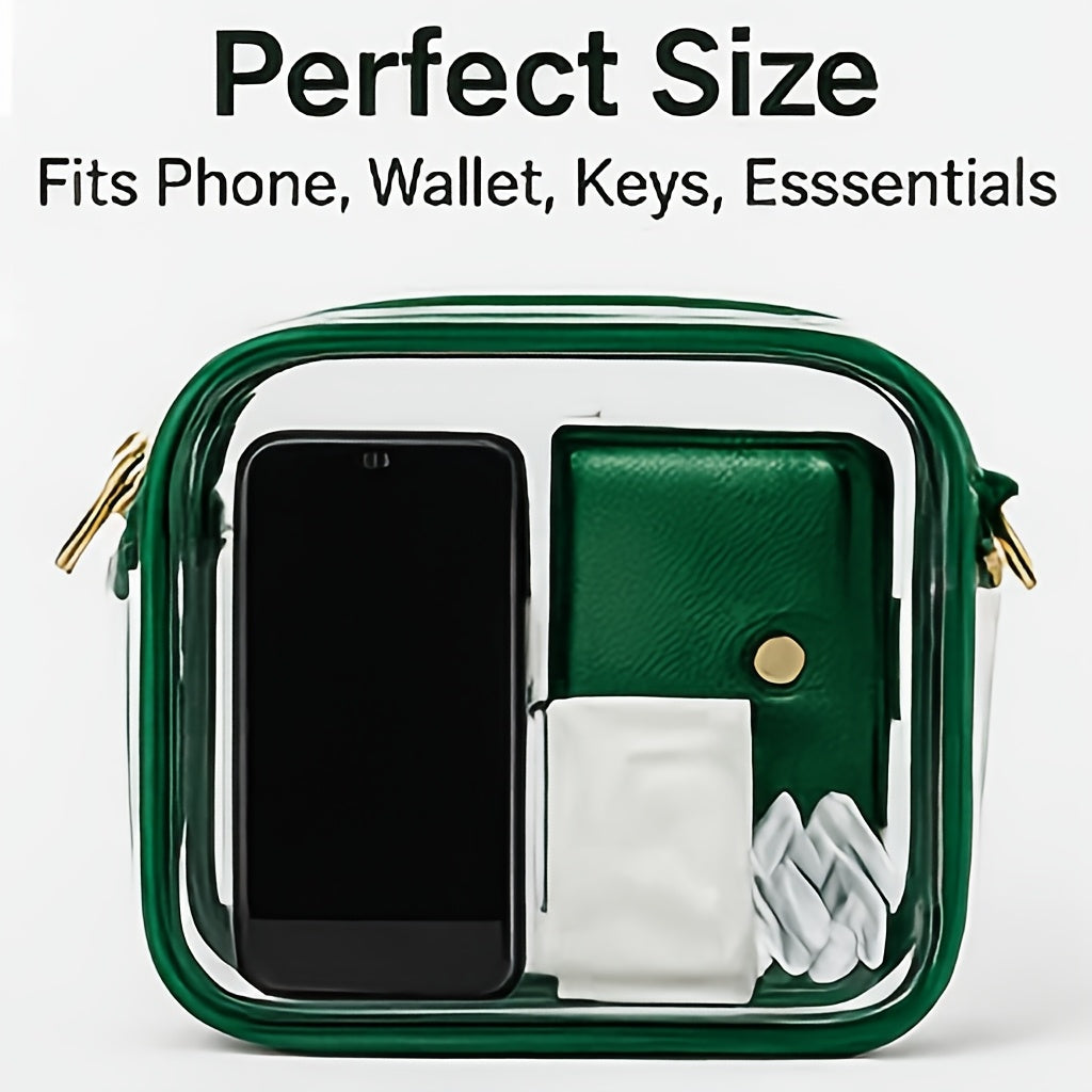 Game Day Clear Purse with Listed Letter Patches and Crossbody Carry Style, Green, Blue, Black, Red or Orange Options for Football Outfits and Concert Plans