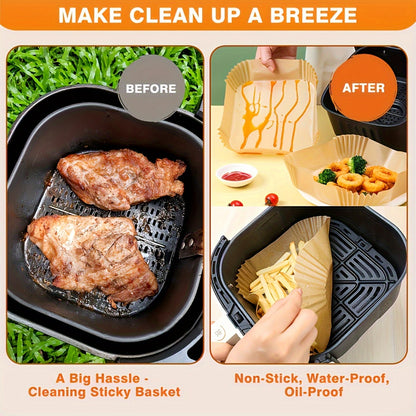 Square Air Fryer Paper Liners in 55, 110 or 220-Piece Packs, Disposable Nonstick Parchment for Compatible Basket Cooking, Baking and Everyday Meal Preparation