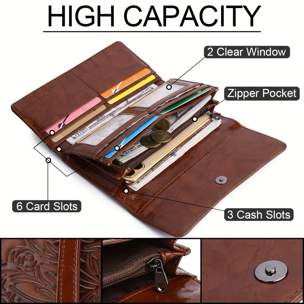 Embossed PU Wallet for Women with Trifold Long Clutch Design, Card Slots and Coin Pocket, Five Color Options for Cash, Receipts and Everyday Essentials