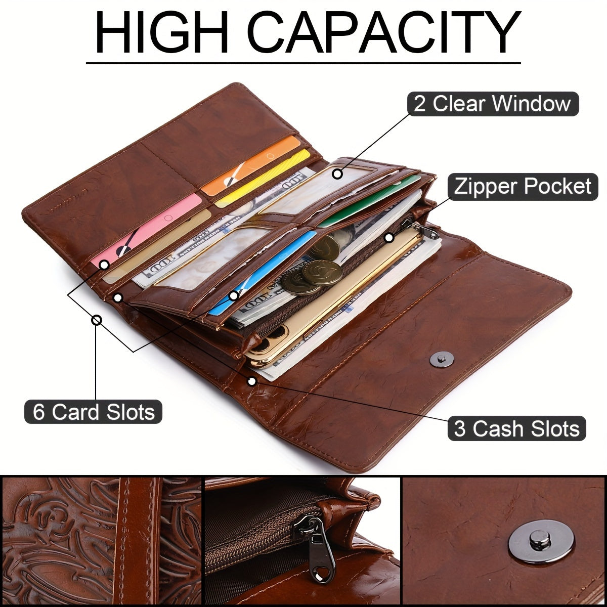 Embossed PU Wallet for Women with Trifold Long Clutch Design, Card Slots and Coin Pocket, Five Color Options for Cash, Receipts and Everyday Essentials