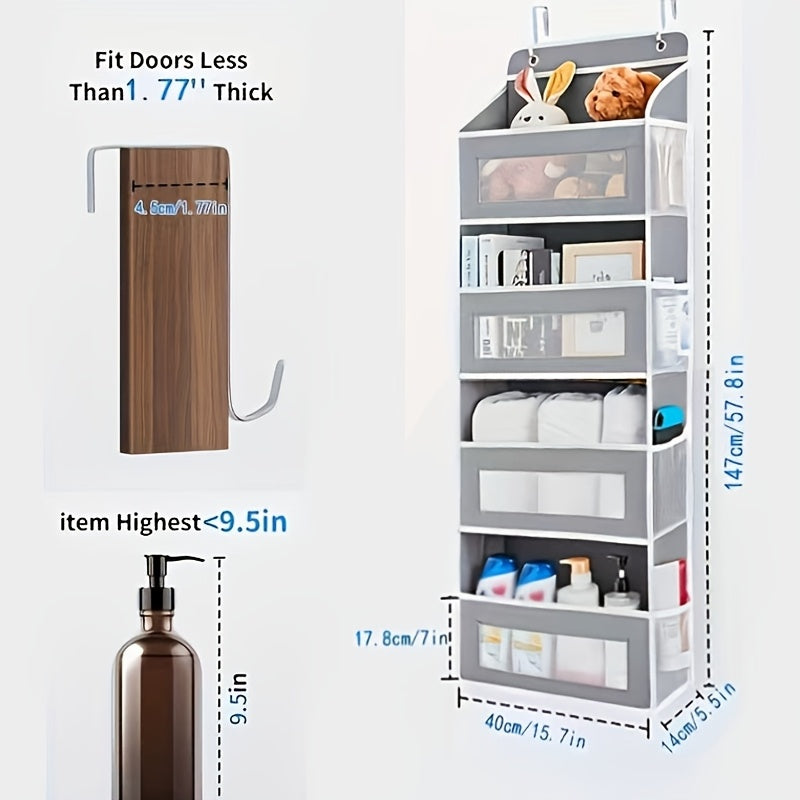 Four-Tier Fabric Door Organizer in Grey, Over-the-Door Pocket Storage for Bedroom Essentials, Bathroom Items and Closet Organization